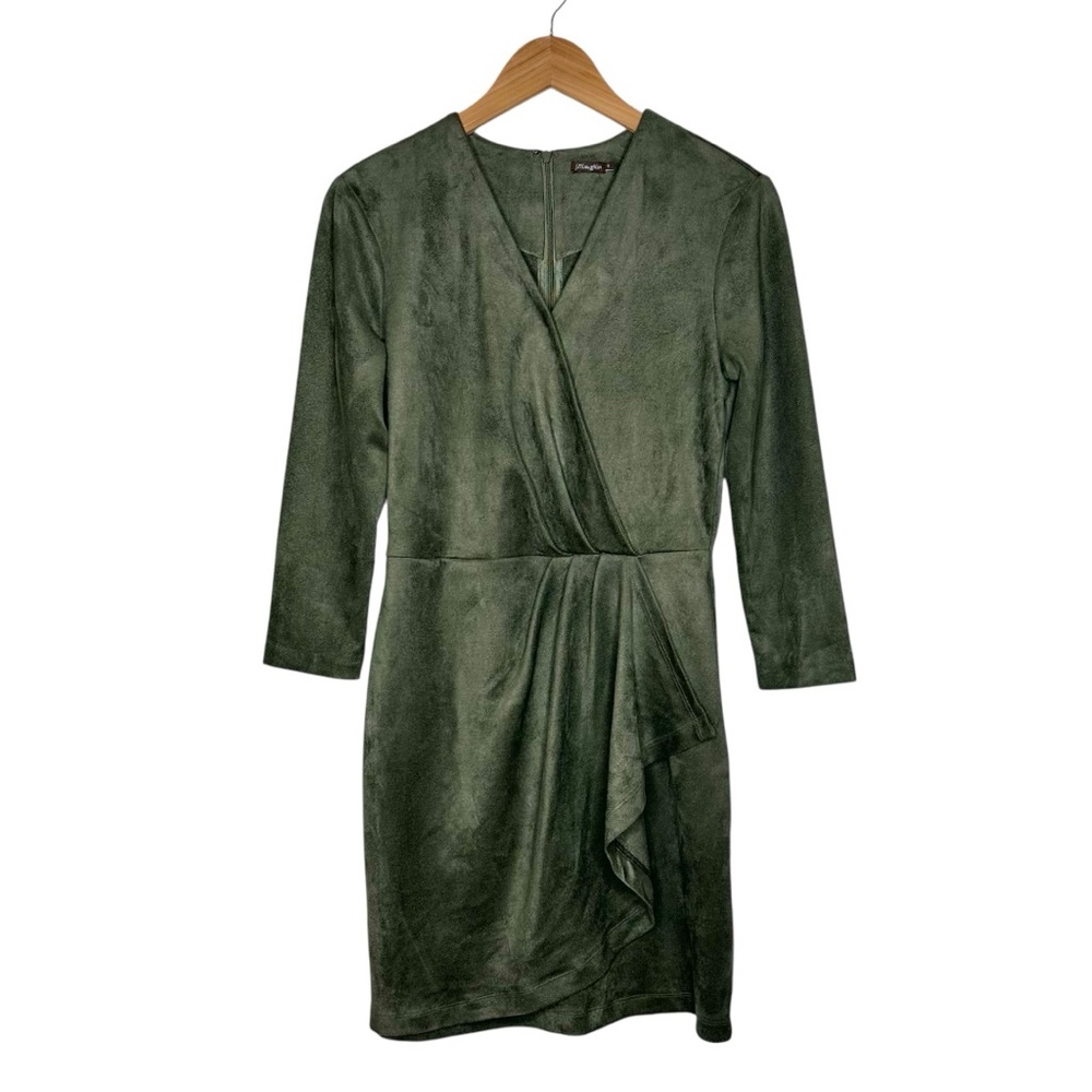 J. Mclaughlin Faux Suede Wrap Dress Size Small Olive Green Stretch Surplice Neck